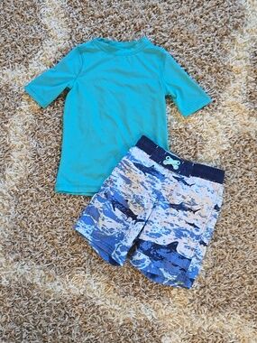 Cat & Jack Aqua Blue Rash Guard and Blue Shark Swim Shorts Set